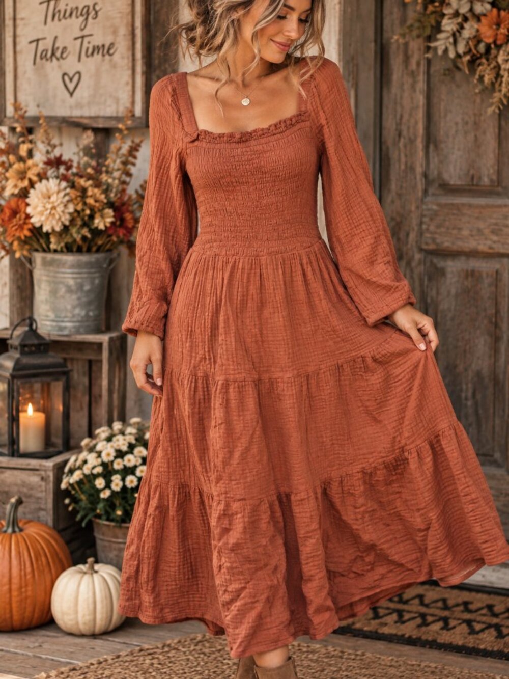 BeachLunchLounge Rust Terracotta Smocked Tiered Maxi Dress Small